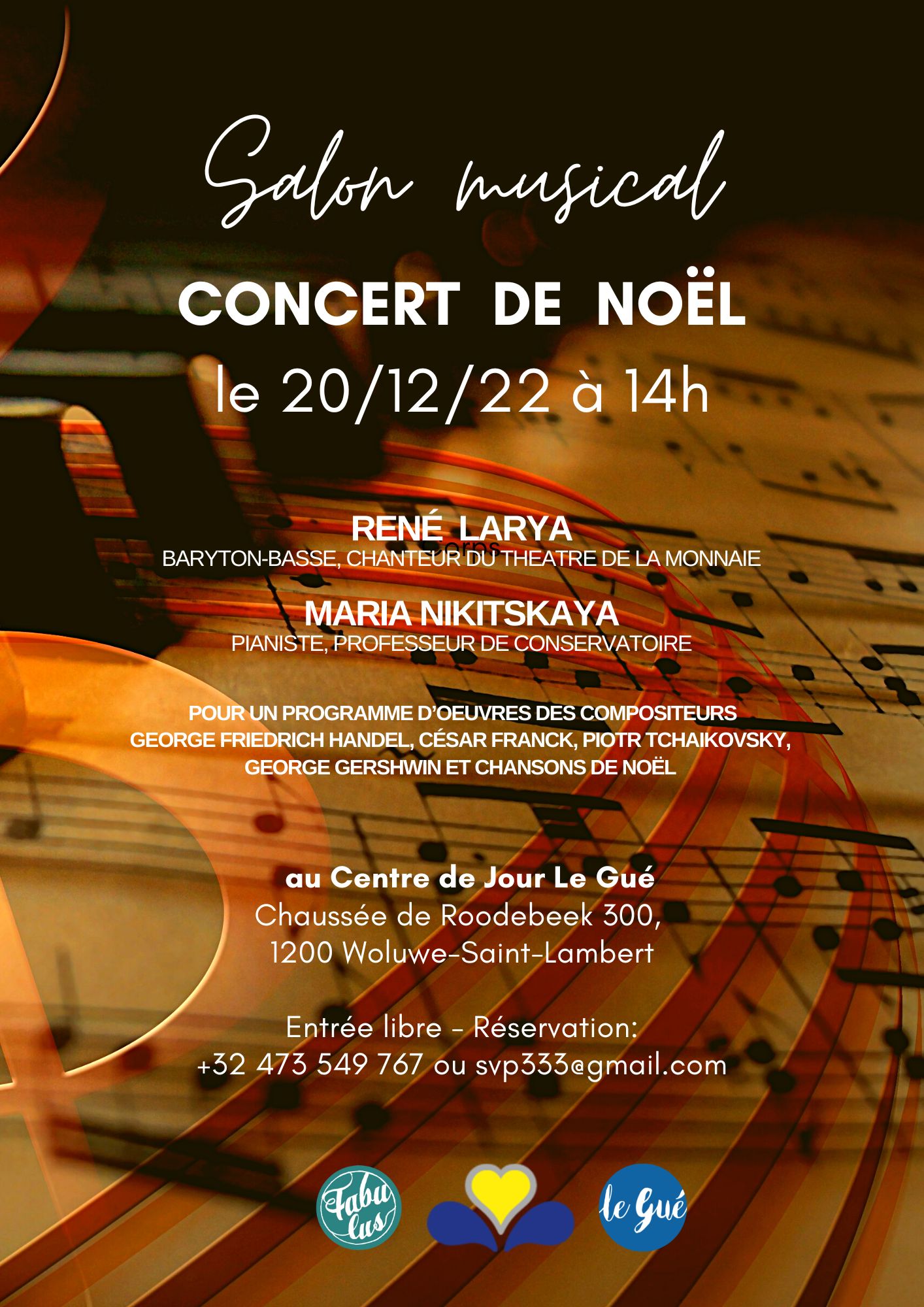 Affiche. Centre Jour le Gué. Concert de Noël de René Laryea et Maria Nikitskaya. 2022-12-20